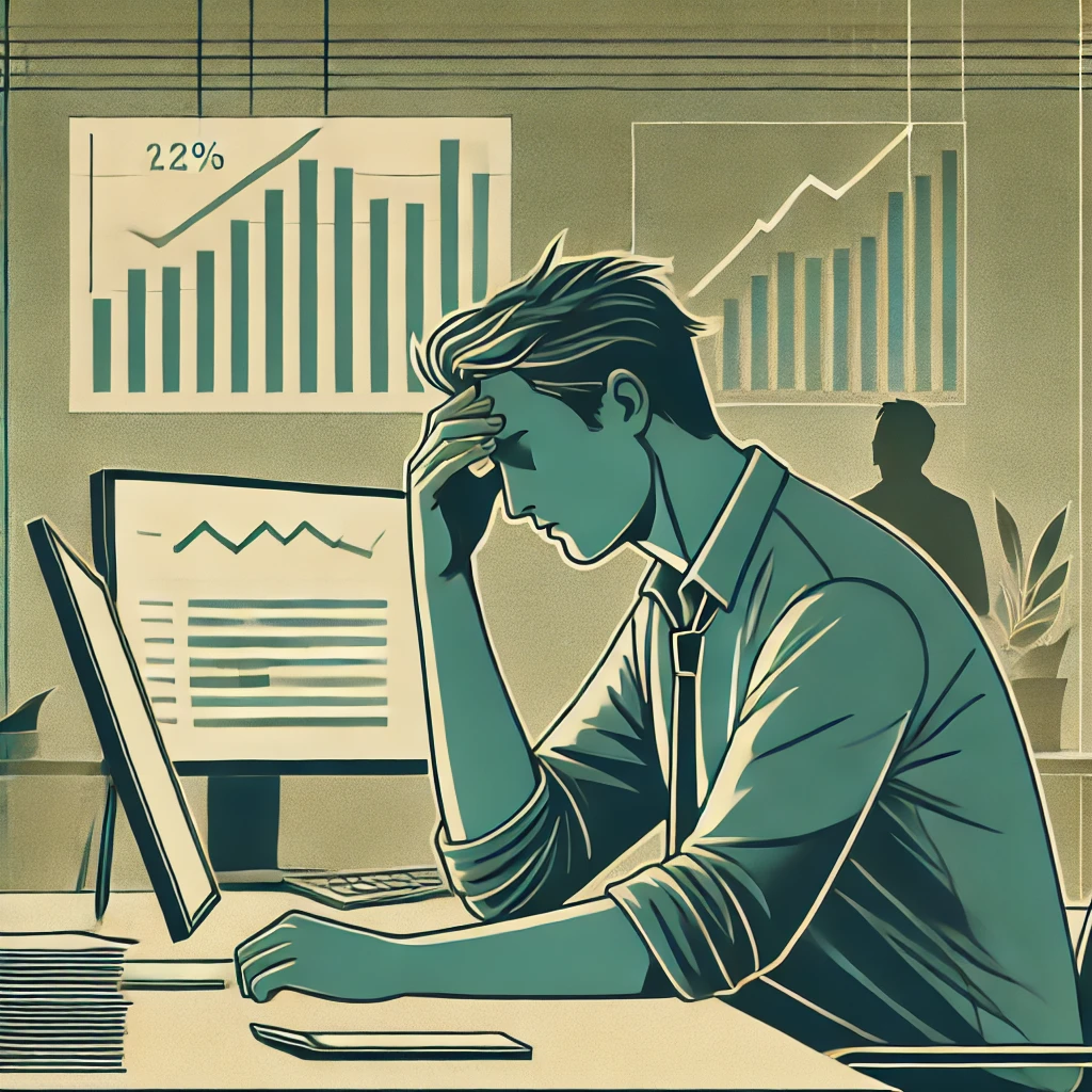Illustration of a founder buried in dashboards and charts, head in hand