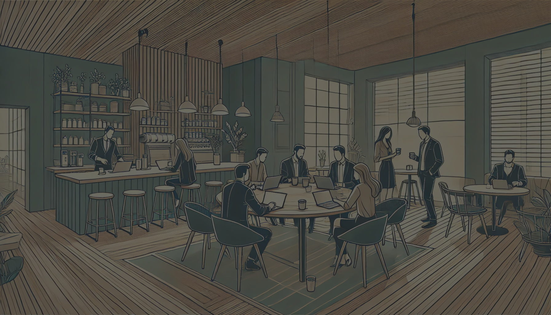 Line illustration of a busy cafe workspace with small teams working at tables